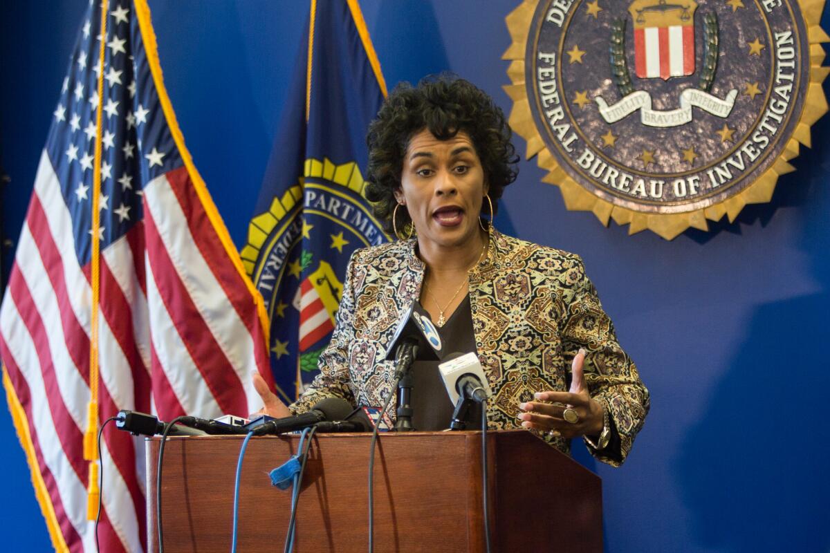 Voviette D. Morgan, FBI special agent in charge of the Criminal Division for Los Angeles, announce the arrest and charge in a federal indictment involving a scheme that targeted older Hispanic females; defendants allegedly stole large amounts of cash by convincing victims to cash lottery tickets.