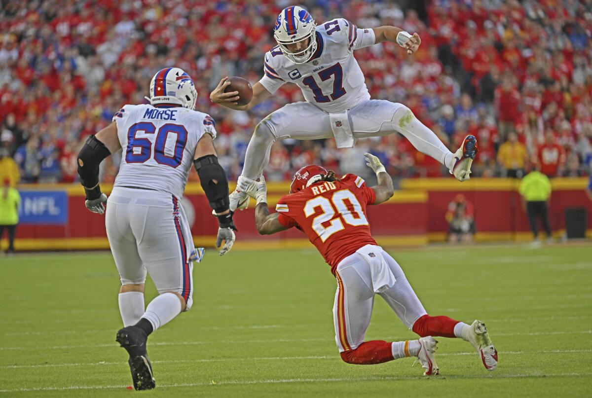 Josh Allen hurdles Kansas City Chiefs safety Justin Reid in Week 6.