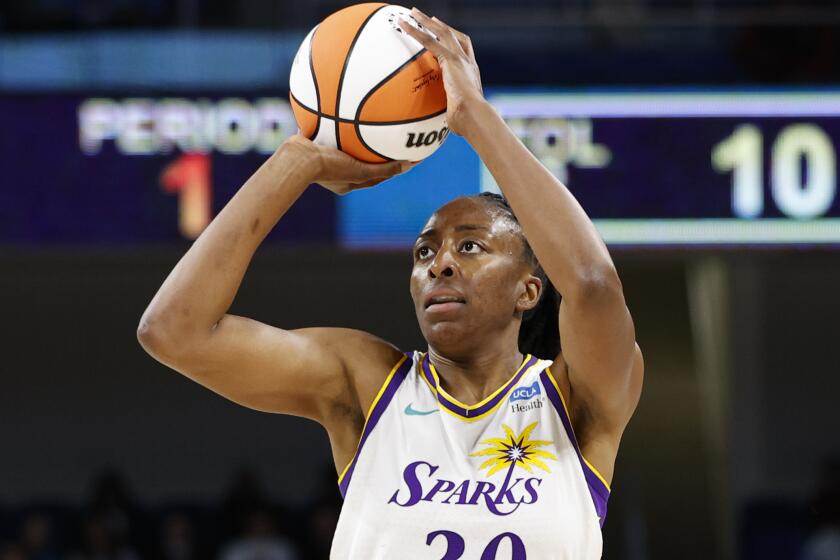 Los Angeles Sparks forward Nneka Ogwumike shoots against the Chicago Sky.
