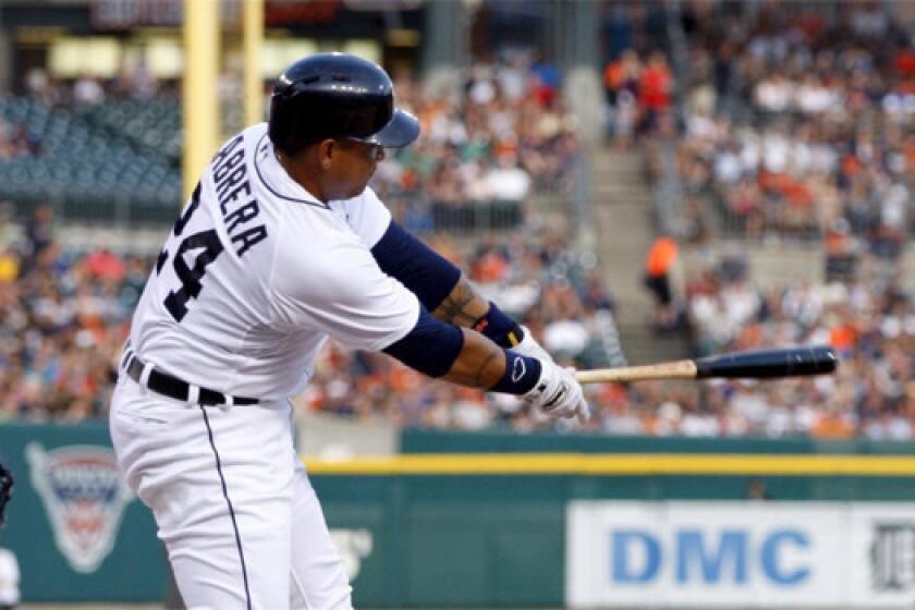 Tigers slugger Miguel Cabrera was pulled from his second consecutive game Friday because of an abdominal injury he suffered Thursday trying to stretch a single into a double.