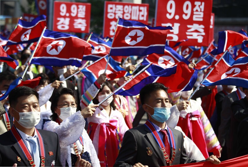 People wearing masks wave flags.
