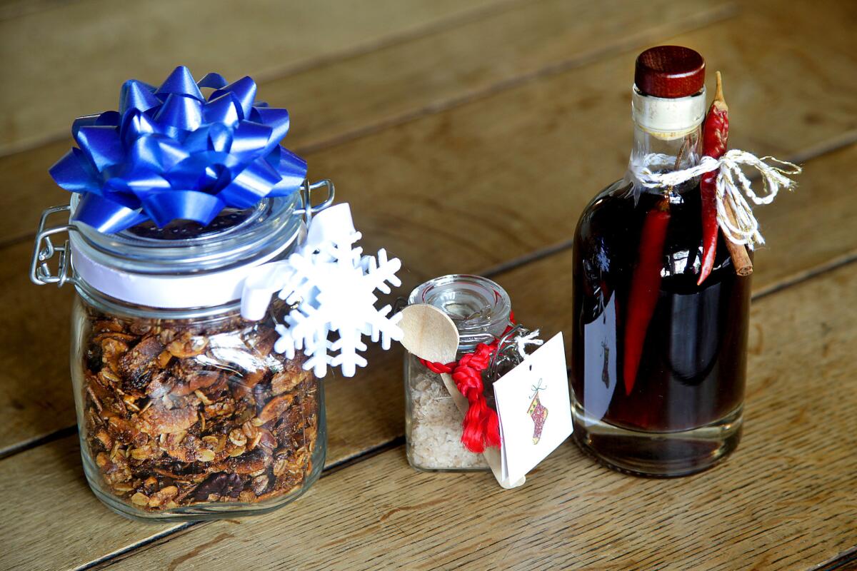 Homemade gift ideas are perfect for the holidays. Here are fun recipe ideas for homemade granola, hickory-smoked salt and cinnamon whiskey.