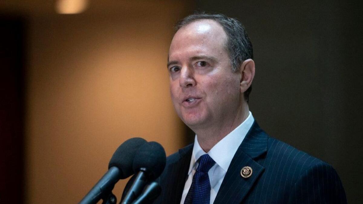 House Intelligence Committee Chairman Adam B. Schiff (D-Burbank) speaks with reporters Feb. 6 after his panel voted to send more than 50 interview transcripts to special counsel Robert Mueller.