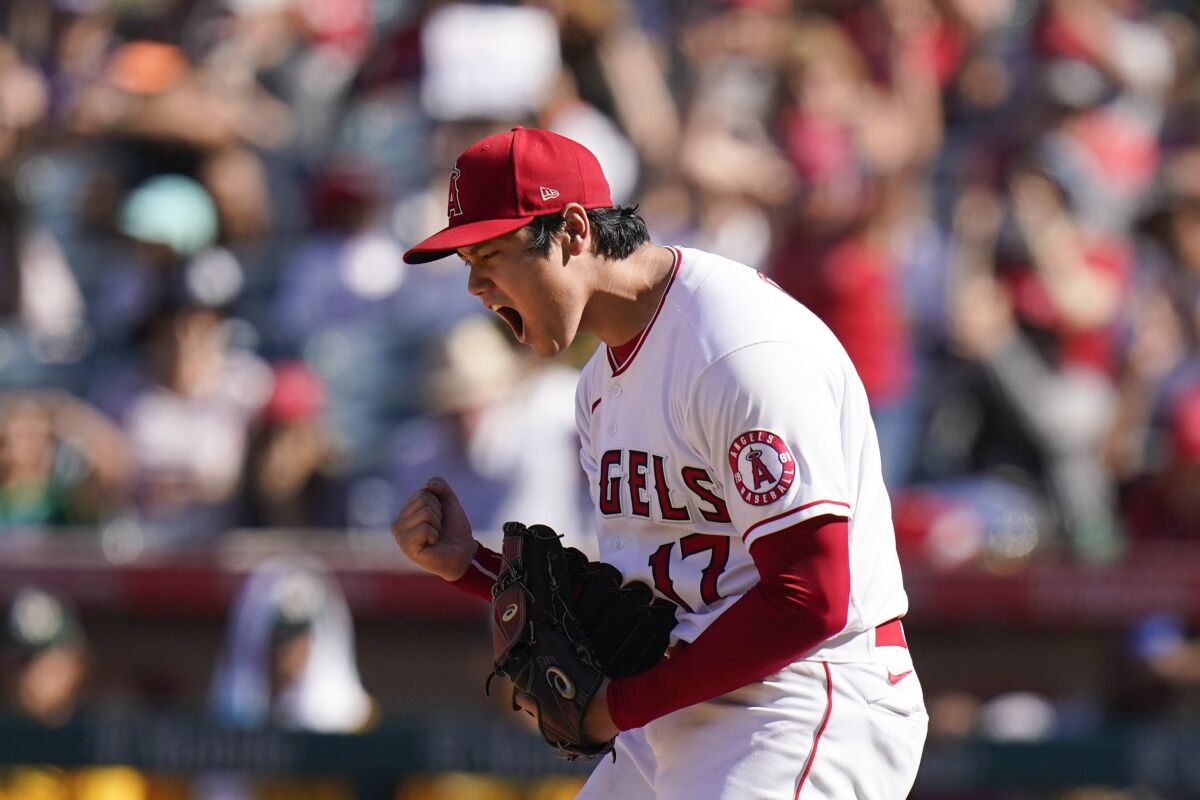 Angels starting pitcher Shohei Ohtani reacts after striking out Oakland's Matt Chapman on Sept. 19.