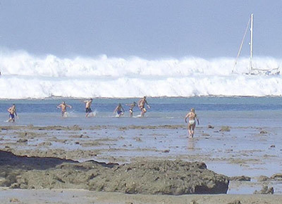 In a photo taken by a tourist, beachgoers react after the first tsunami wave rolls in Sunday toward Hat Rai Lay, near Krabi, Thailand. As is typical in a tsunami, the waves trough caused the water to recede drastically, luring the bathers farther out. They escaped unharmed.