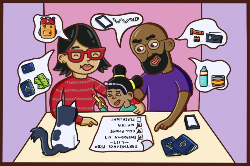 Illustration shows a family reviewing their emergency plan