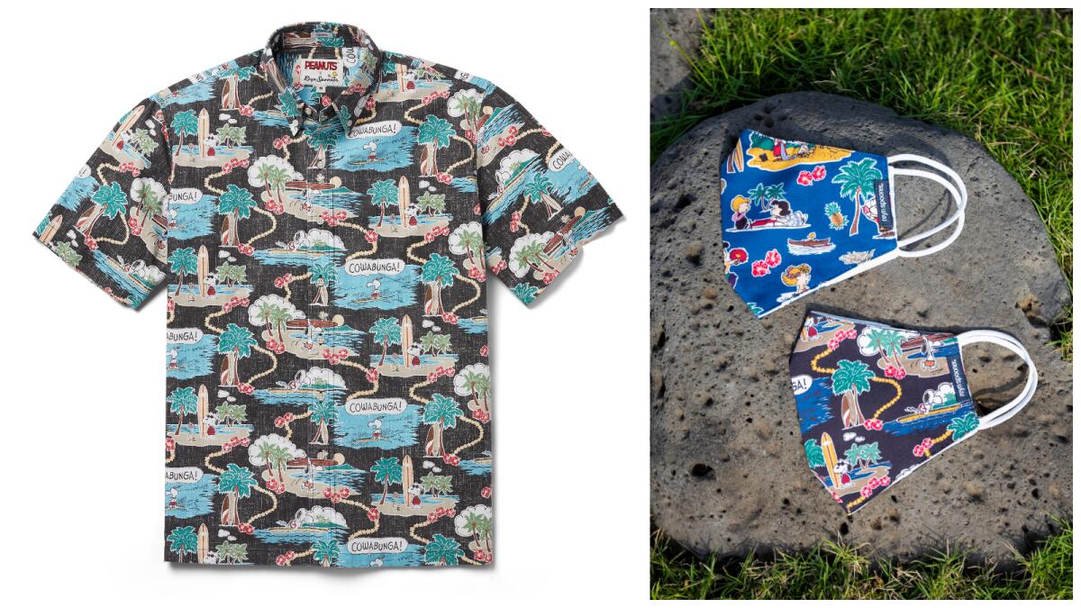 A Hawaiian shirt with a Peanuts cartoon pattern next to two similarly patterned face masks.