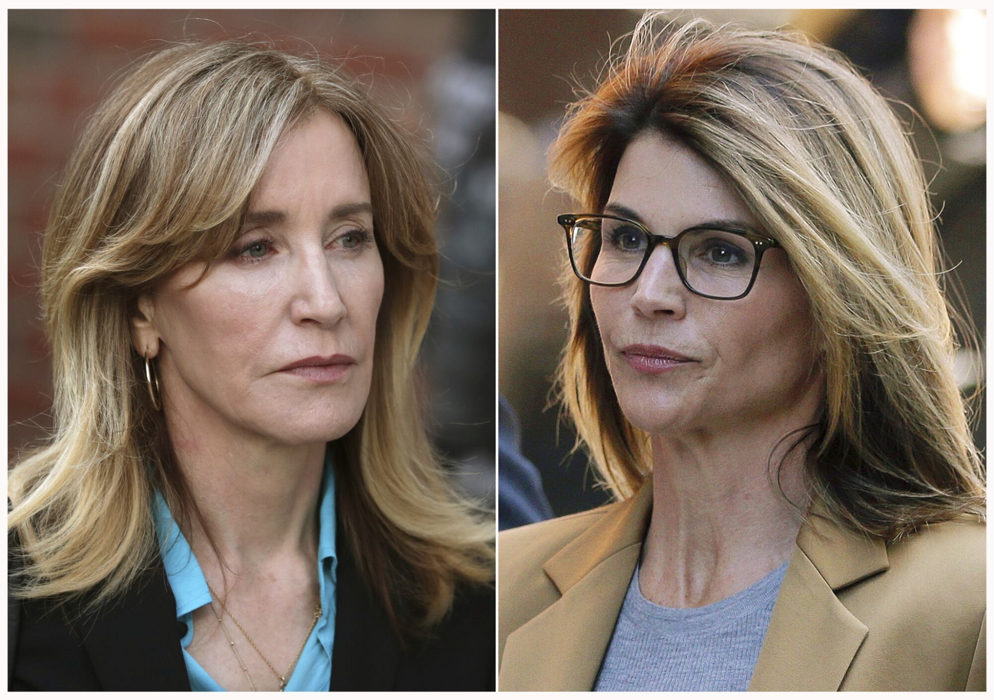 Felicity Huffman, left, and Lori Loughlin outside federal court in Boston on April 3.