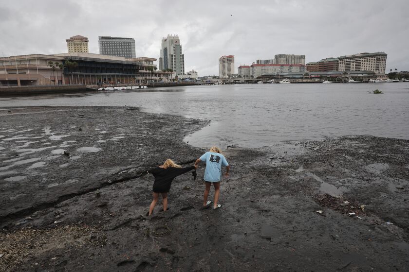 TAMPA, FLORIDA - SEPTEMBER 28: Sisters Angel Disbrow (R) and Selena Disbrow walk along the shore of a receded Tampa Bay as water was pulled out from the bay in advance of the arrival of Hurricane Ian on September 28, 2022 in Tampa, Florida. Ian is expected to make landfall later today on the Gulf Coast of the state. (Photo by Win McNamee/Getty Images)