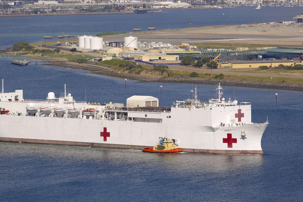 The hospital ship USNS Mercy with it's staff of 800 Navy medical personnel and support staff, along with more than 70 civil service mariners, departed Naval Base San Diego March 23, 2020. The Mercy serves as a referral hospital for non COVID-19 patients in Los Angeles.