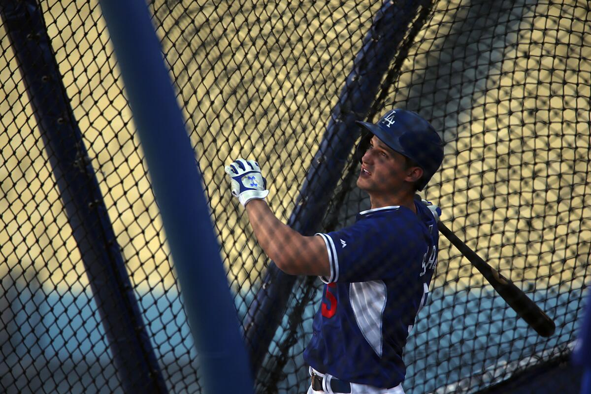 Dodgers infielder Corey Seager takes batting practice before a game against the Padres at Dodger Stadium.