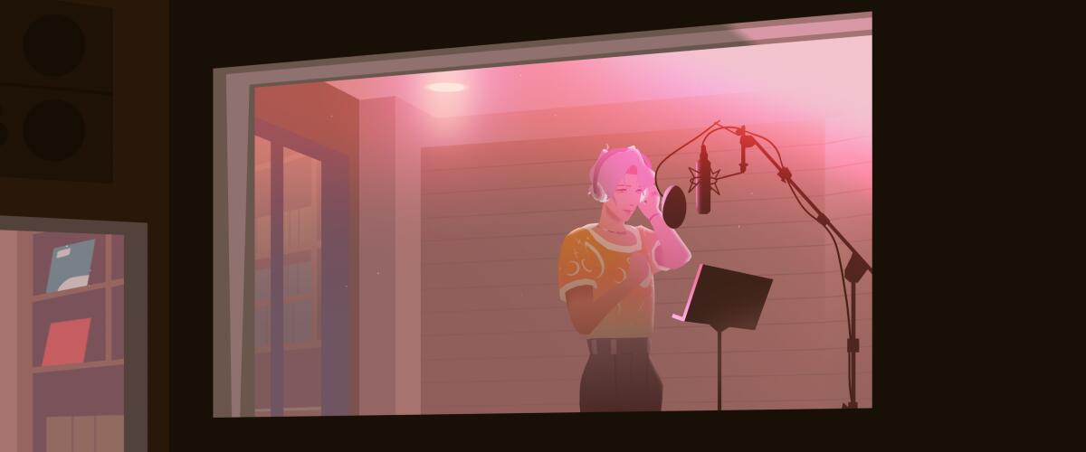 In a video game still, we look through a recording studio's window at the woman inside.