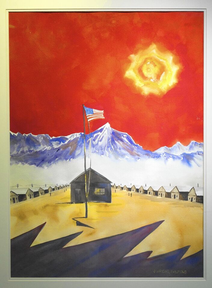 A watercolor by artist Jan Wright depicts Manzanar.