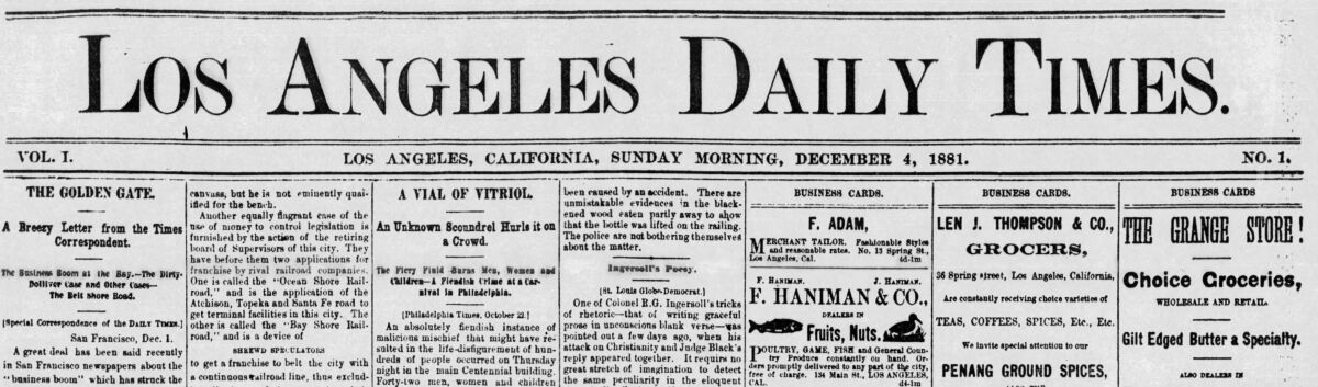 The top of a newspaper page reads "Los Angeles Daily Times": Los Angeles, California, Sunday morning, December 4, 1881.
