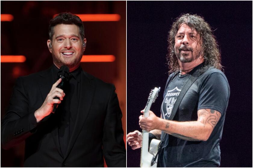 A split image of Michael Bublé smiling into a microphone and Dave Grohl playing a white, electric guitar.