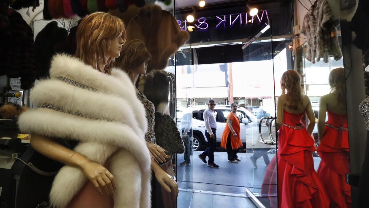 A fox fur stole is displayed in a shop in the Fashion District in downtown Los Angeles.