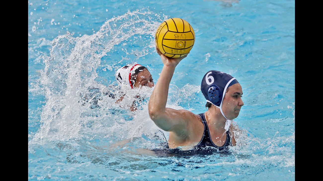 Crescenta Valley High School girls water polo player #6 Alex Garas gets a clear shot on goal in game vs. Glendale High School, at home in the school's Bird Bath in La Crescenta on Thursday, Jan. 25, 2018.
