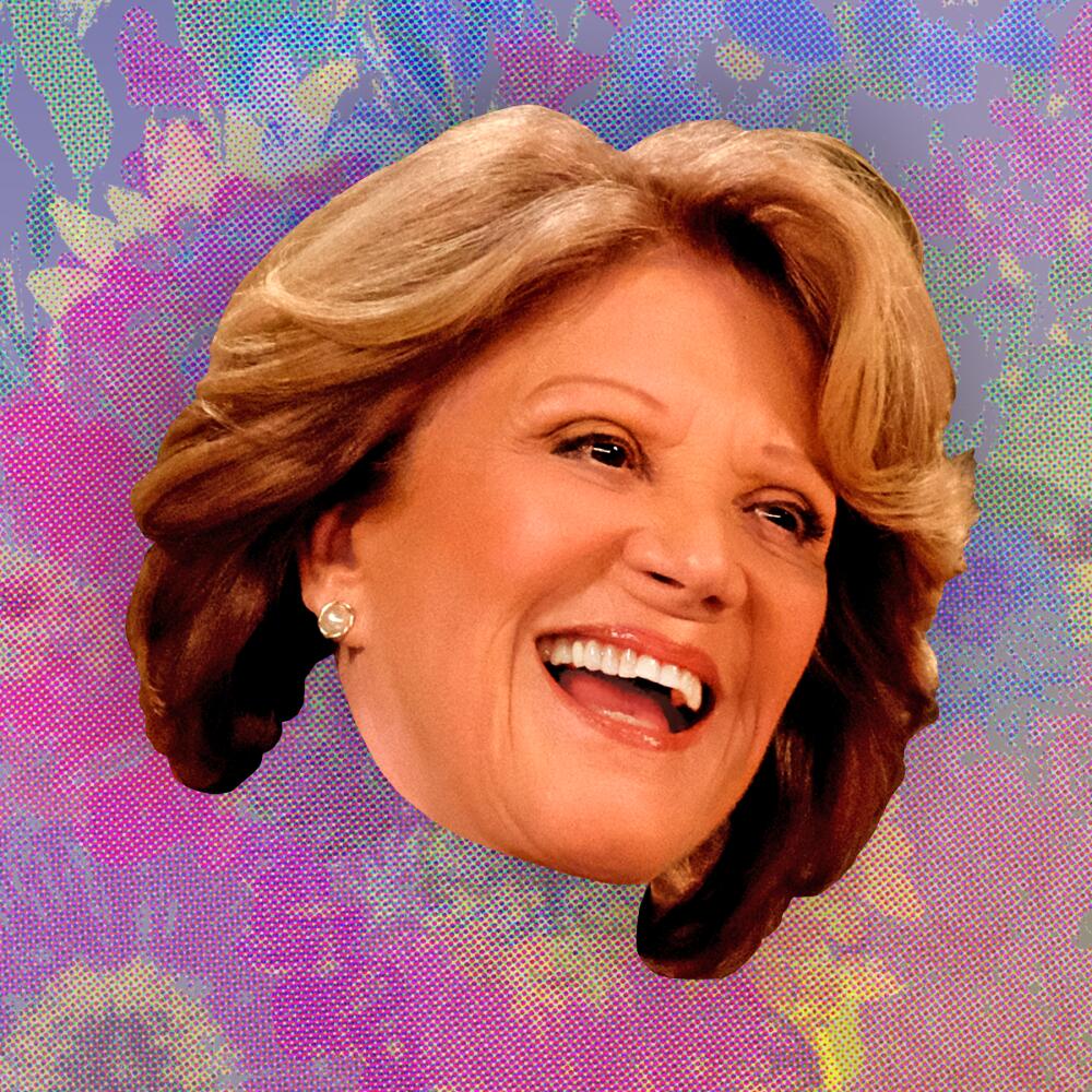 Surreal illustration featuring the floating head of Linda Lavin set against a floral, abstract background.