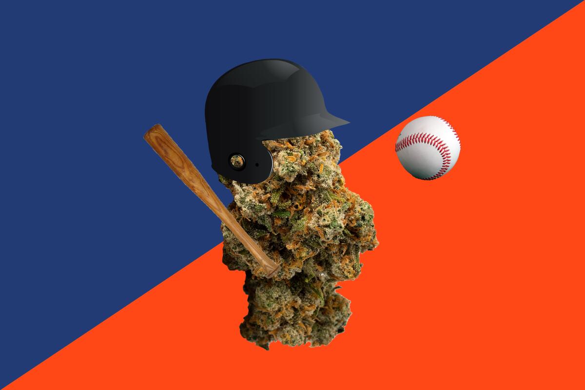 An illustration of a cannabis flower nugget playing baseball.