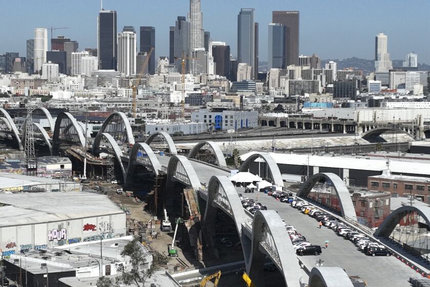 Los Angeles, CA - April 14: An aerial view of the Sixth Street Viaduct currently under construction and scheduled to open this summer as Los Angeles Mayor Eric Garcetti gives his state of the city address in Los Angeles Thursday, April 14, 2022. (Allen J. Schaben / Los Angeles Times)