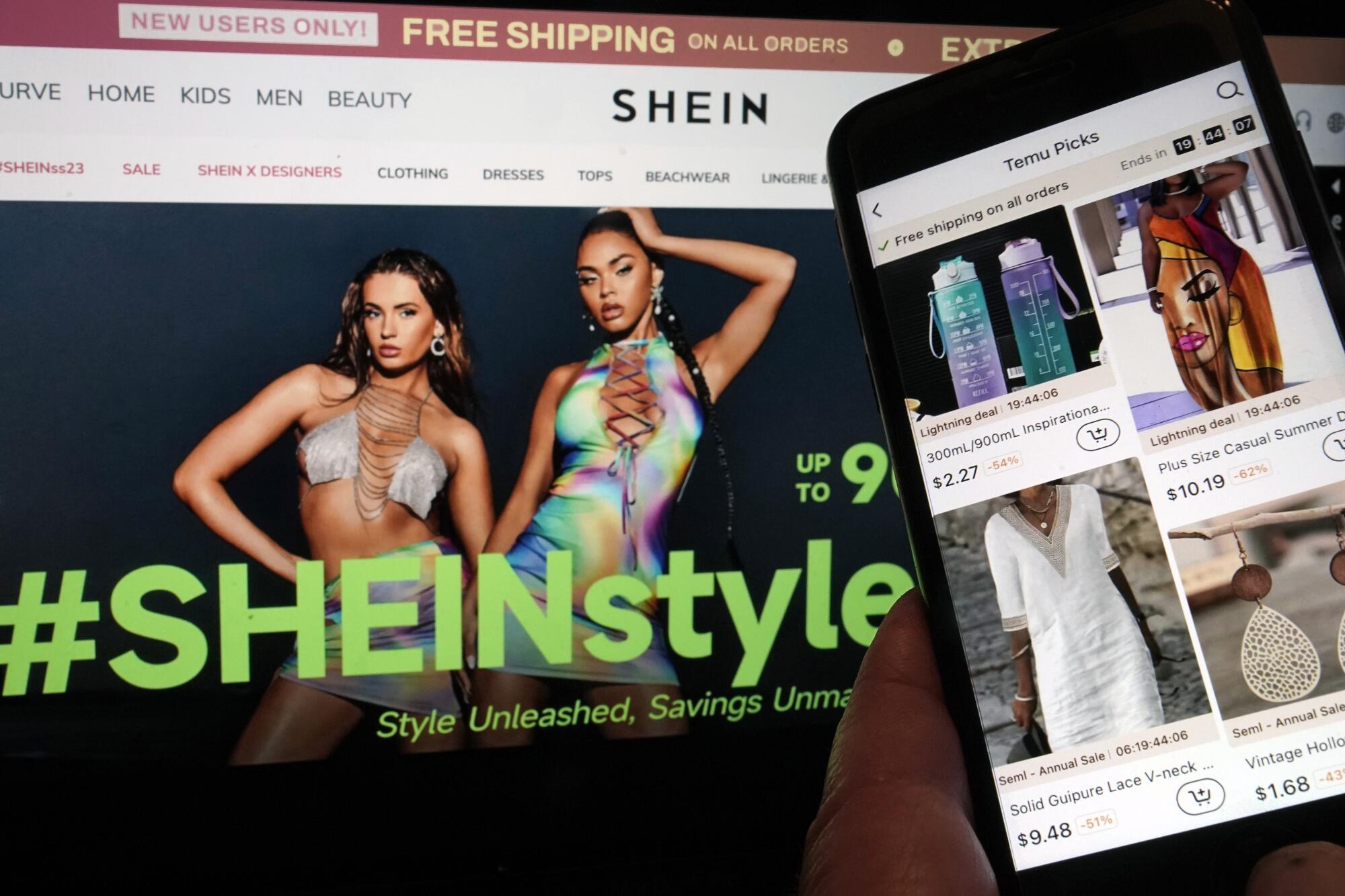 Webpages from fast-fashion sellers Shein and Temu.