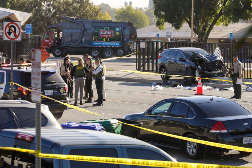 Whittier, CA - November 16: Ten Los Angeles County sheriff's cadets were injured Wednesday morning when a driver plowed into them during a morning run in Whittier. The crash occurred near the sheriff's training academy, near in Mills Avenue and Trumball Street on Wednesday, Nov. 16, 2022 in Whittier, CA. (Irfan Khan / Los Angeles Times)