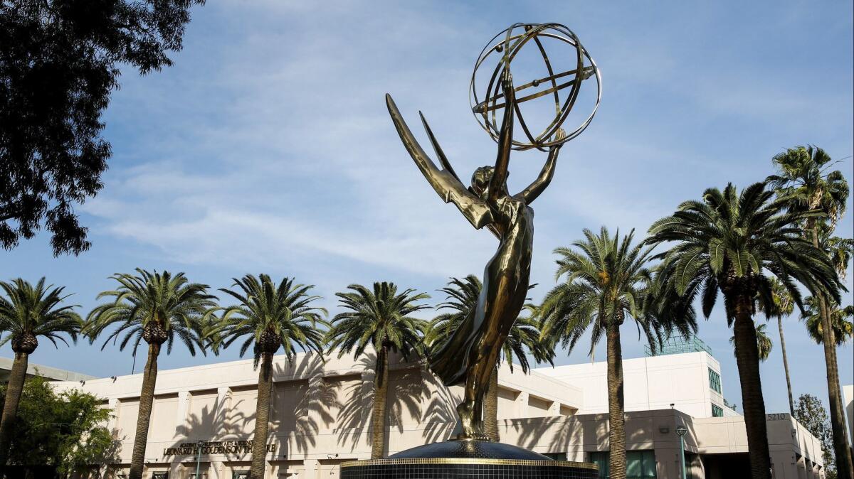 A giant Emmy statue sits atop a fountain in front of the Academy of Television Arts & Sciences' North Hollywood headquarters.
