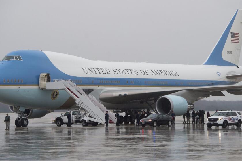 Air Force One, a heavily modified Boeing 747, is seen prior to US President Barack Obama departure from Andrews Air Force Base in Maryland, December 6, 2016, as he travels to Tampa, Florida, to speak about counterterrorism and visit with troops. / AFP PHOTO / SAUL LOEBSAUL LOEB/AFP/Getty Images ** OUTS - ELSENT, FPG, CM - OUTS * NM, PH, VA if sourced by CT, LA or MoD **