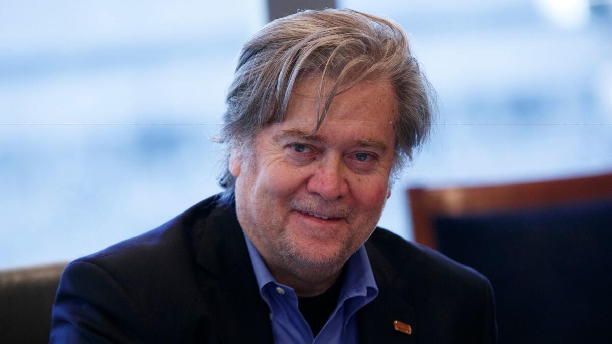 Steve Bannon, who served as the campaign CEO for then-candidate Donald Trump, looks on during a national security meeting with advisors at Trump Tower in New York on Oct. 7.