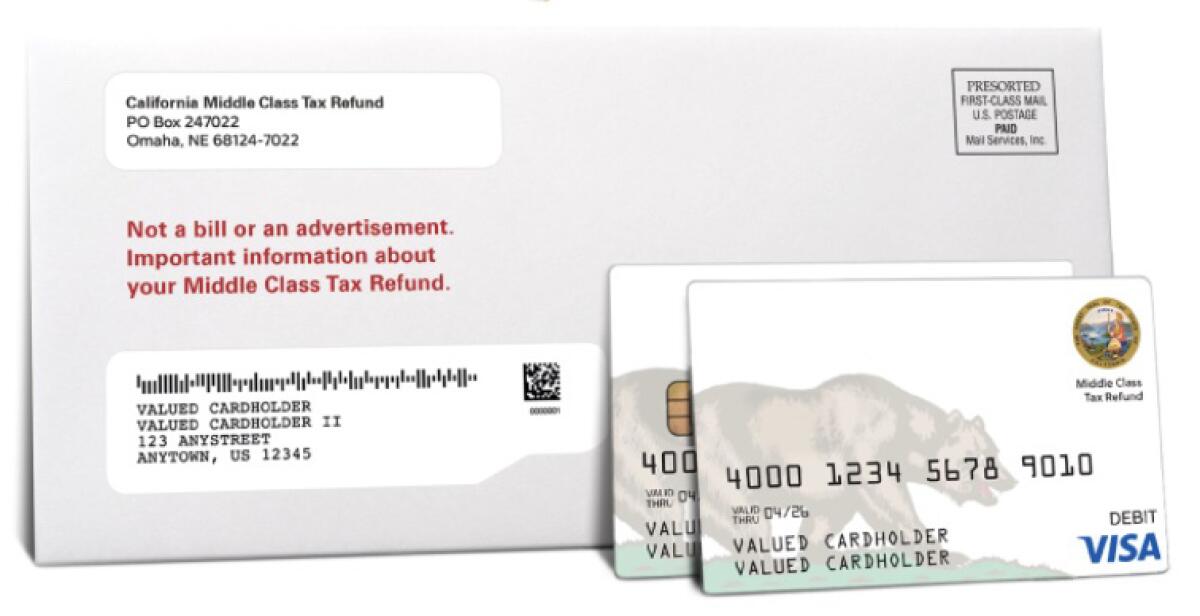An envelope with two debit cards for the Middle Class Tax Refund