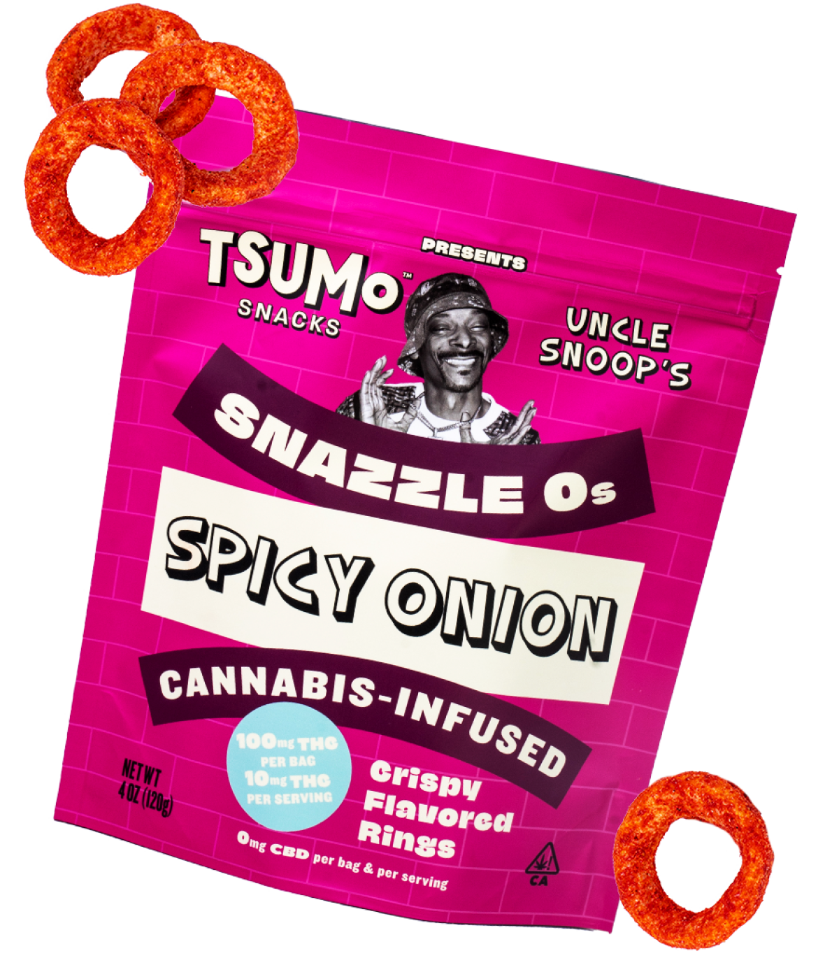 A snack bag with onion-ring-shaped snacks in the upper left and lower right corners