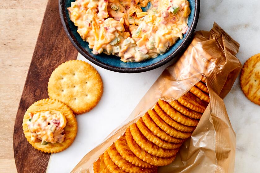 LOS ANGELES - THURSDAY, July 25, 2019: Poblano Pimento Cheese. Food Stylist by Genevieve Ko / Julie Giuffrida and propped by Nidia Cueva at Proplink Tabletop Studio in downtown Los Angeles on Thursday, July 25, 2019. (Leslie Grow / For the Times)