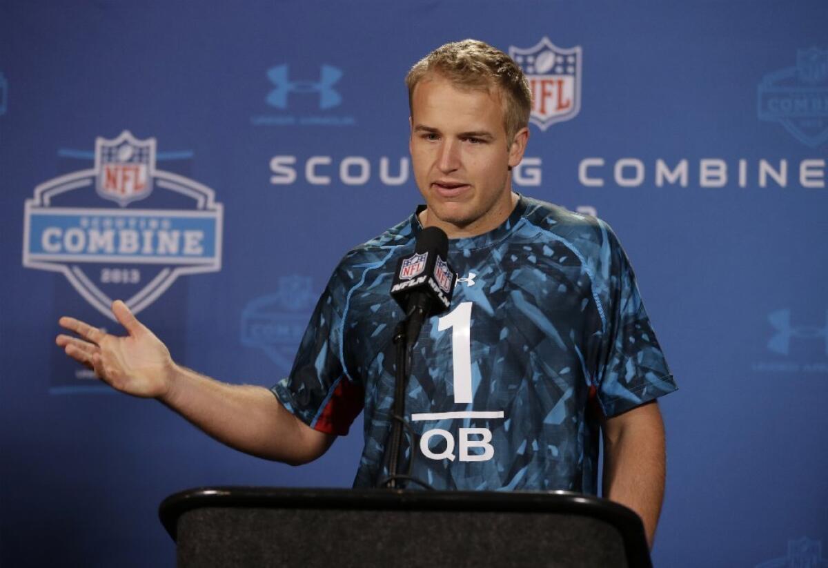 Matt Barkley answers a question during a news conference at the NFL combine Friday.
