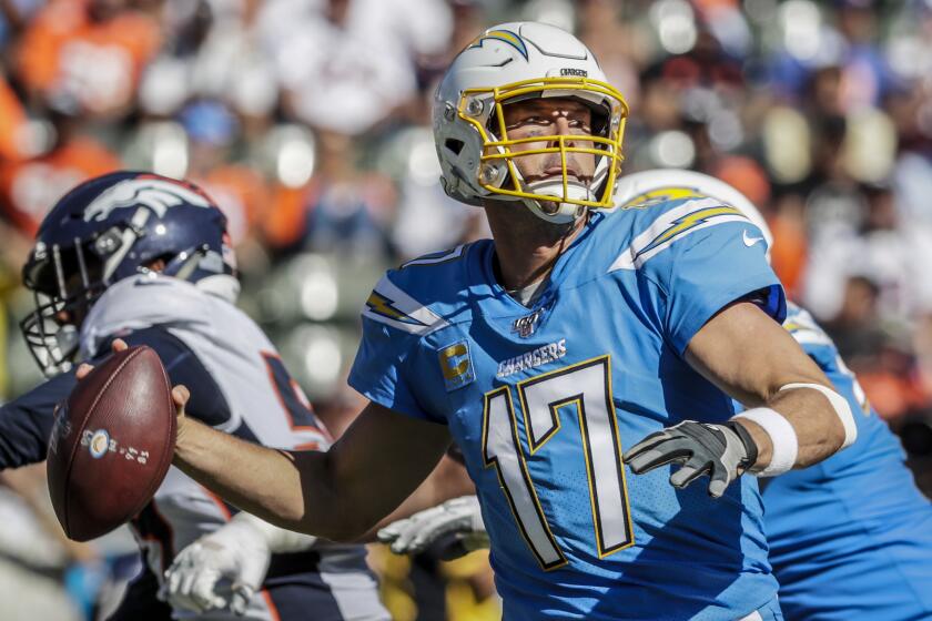 CARSON, CA, SUNDAY, OCTOBER 6, 2019 - Los Angeles Chargers quarterback Philip Rivers (17) throws a pass during second half action against the Denver Broncos at Dignity Health Sports Park. (Robert Gauthier/Los Angeles Times)