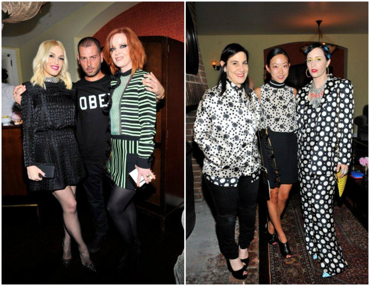 Left, Gwen Stefani and Shirley Manson with designer Fausto Puglisi, creative director of Emanuel Ungaro, at a private dinner in his honor. Right, Dinner hosts Arianne Phillips and B. Akerlund, along with Barneys New York fashion director Tomoko Ogura.