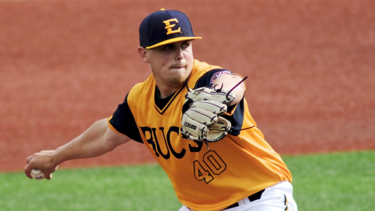 East Tennessee State's Landon Knack pitches against Wofford on April 19, 2019, in Johnson City, Tenn.