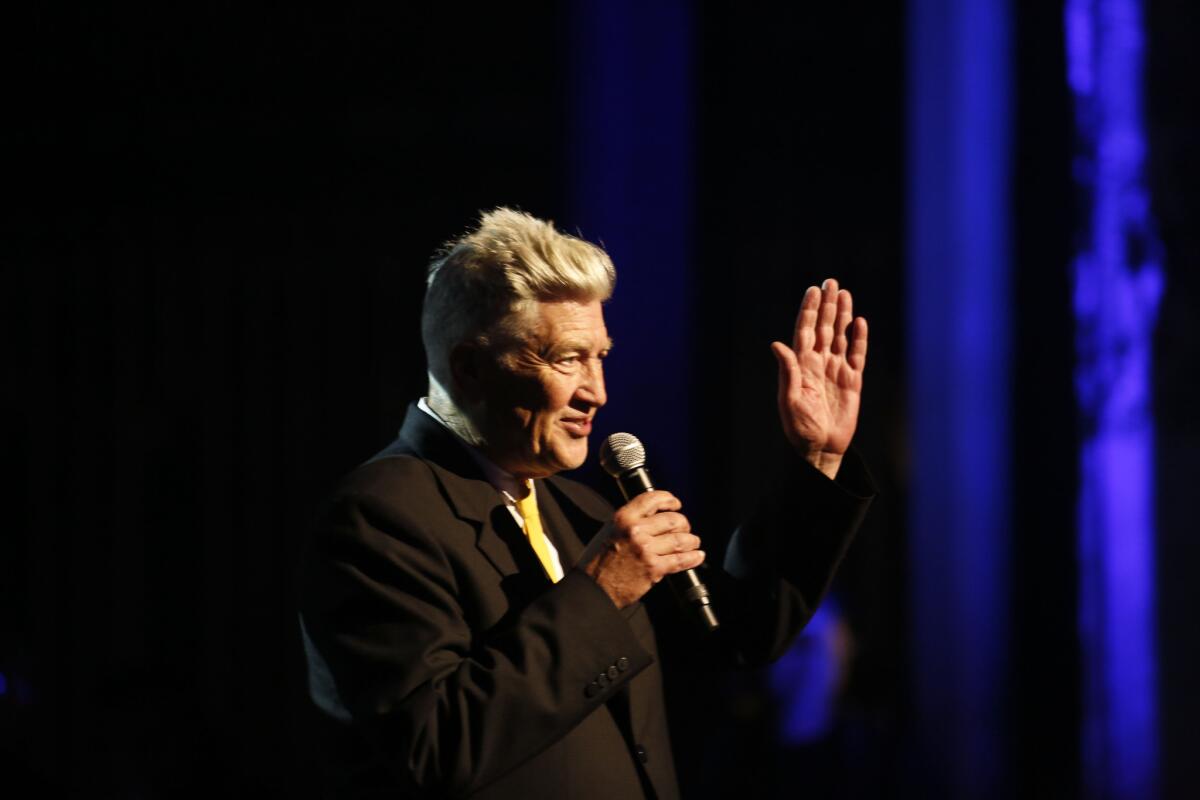 David Lynch speaks at a benefit for the David Lynch Foundation at the Ace Hotel on April 1.