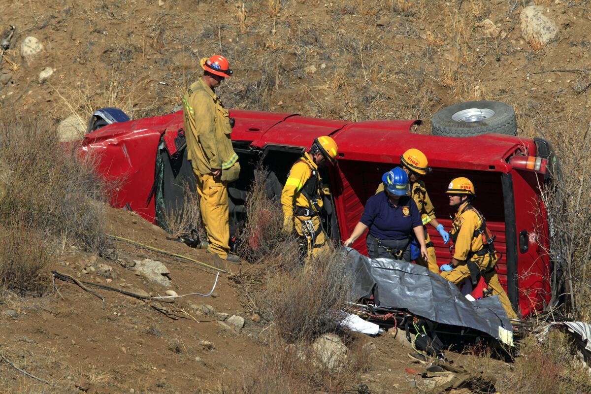 Three people were killed and at least one other injured when a truck veered off a road at Sierra Highway at Rush Canyon Truck Trail in Santa Clarita Friday.