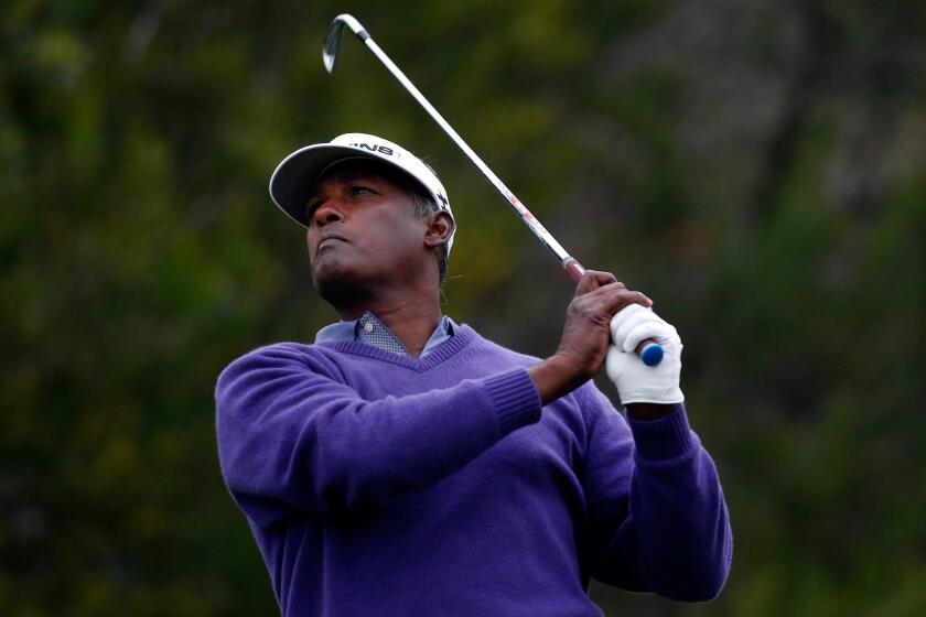 Vijay Singh tees off on the fourth hole Thursday during the first round of the Northern Trust Open at Riviera Country Club in Pacific Palisades.