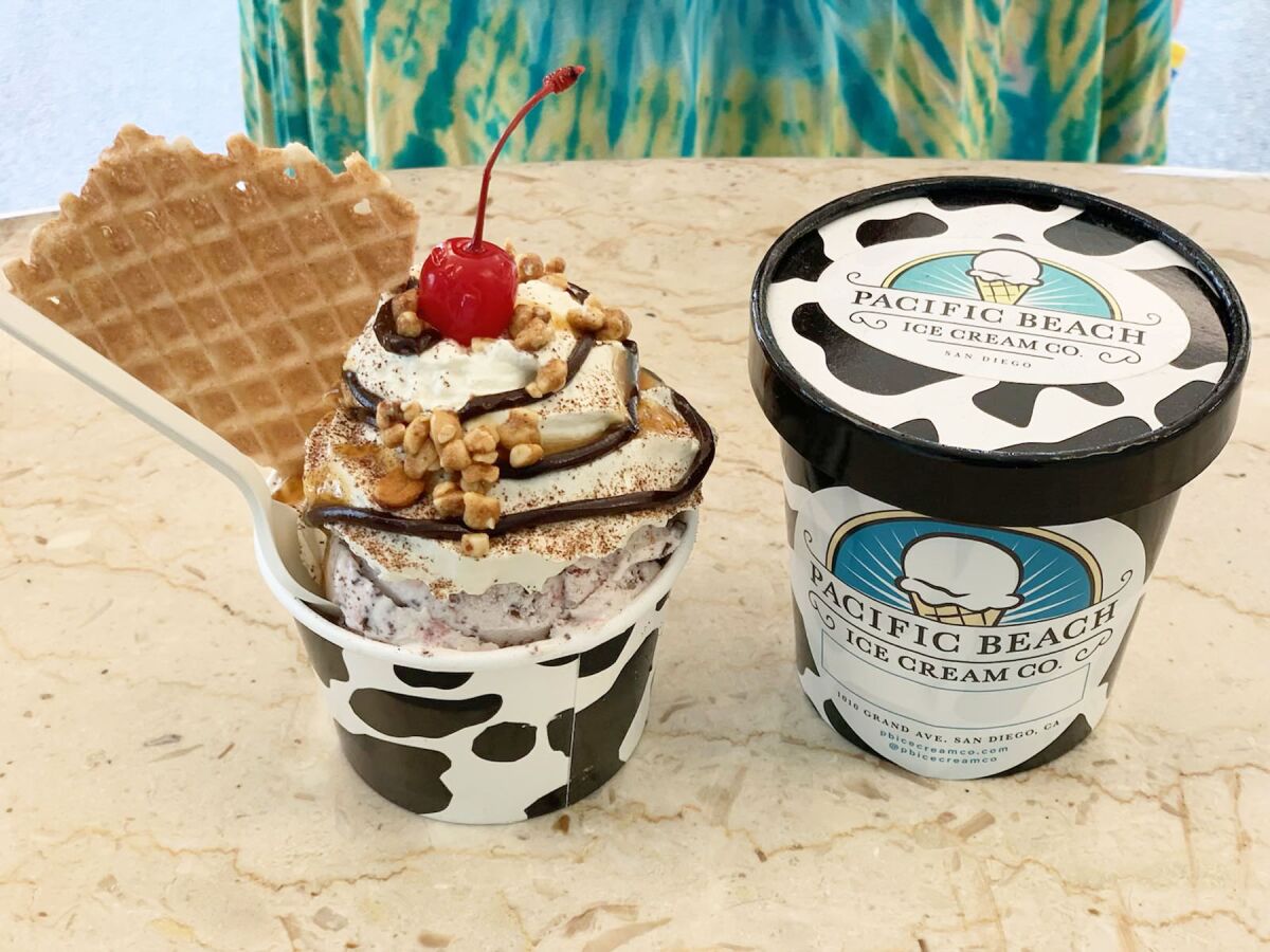 At Pacific Beach Ice Cream Co. customers can eat a treat on site or take a pint home for later.