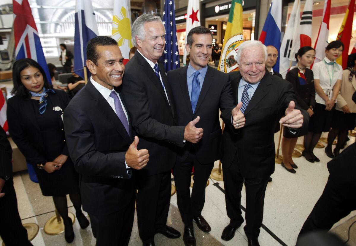 Former L.A. mayor Antonio Villaraigosa (left) during a recent appearance with former mayor James Hahn, current Mayor Eric Garcetti and former mayor Richard Riordan.