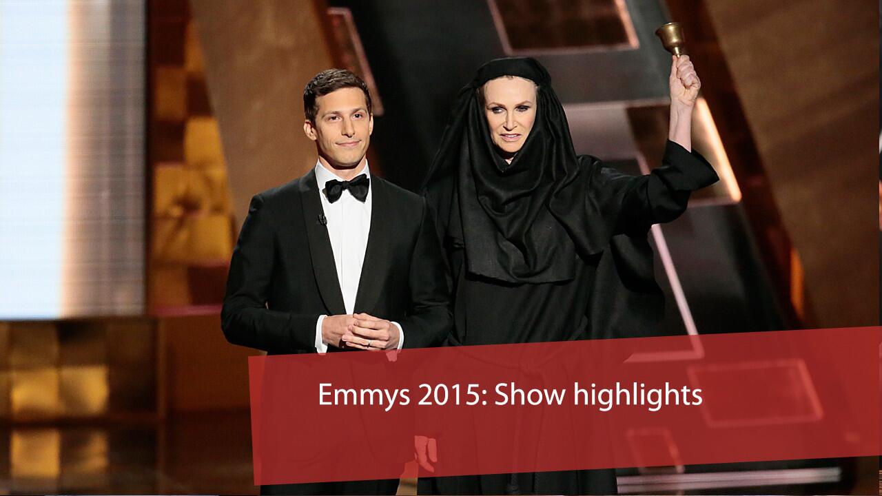 Host Andy Samberg tells the audience that winners who take too long with their acceptance speeches will be told to leave by the weird nun from "Game of Thrones," here played by Jane Lynch.