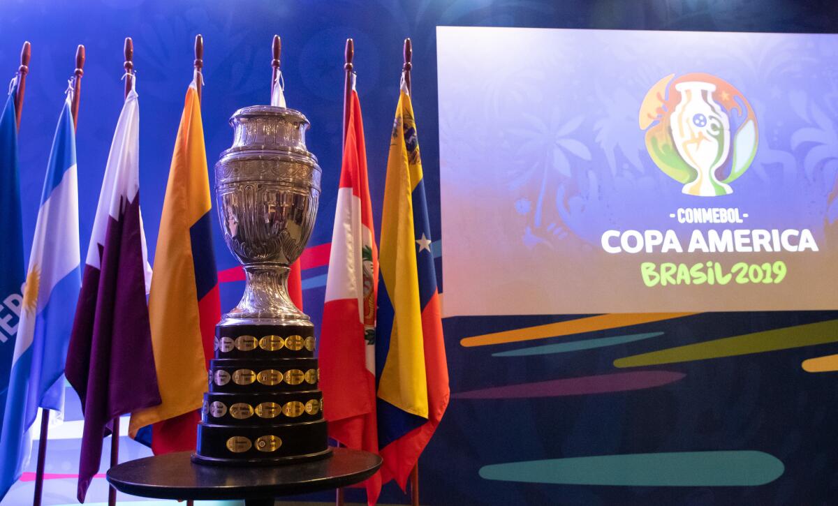 The Copa America Trophy is displayed during a meeting between representatives of the twelve nations who will take part in the 2019 Copa America football tournament and the competition's local organizing committee on January 22, 2019 in Rio de Janeiro, Brazil. The Copa America Tournament will be hosted in Brazil between June 14 and July 7.