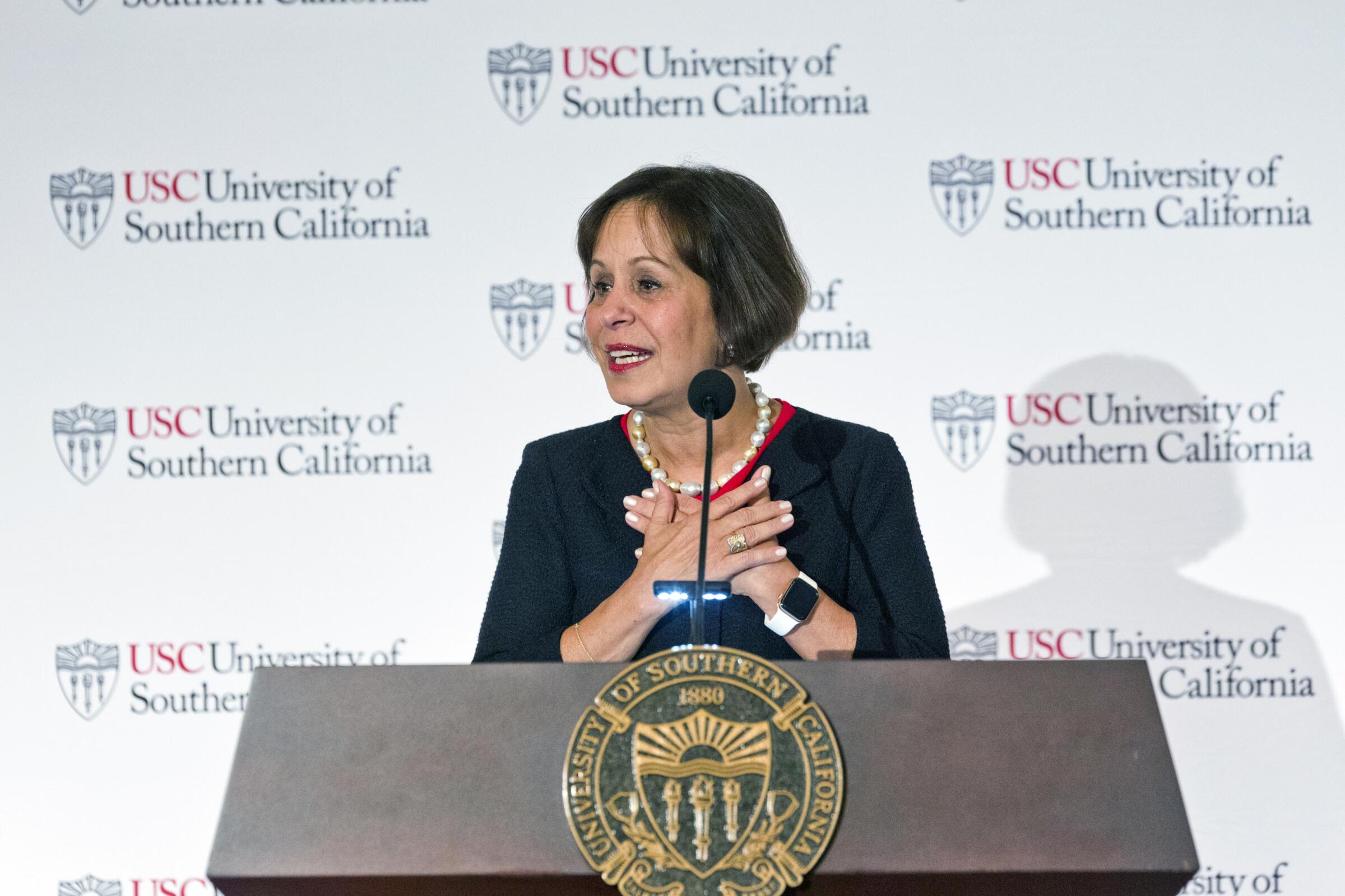 Carol Folt takes questions after being named USC's president in March 2019