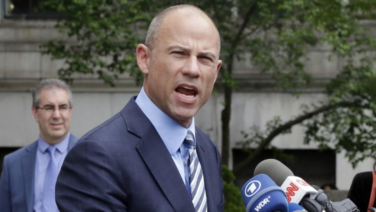 Attorney Michael Avenatti talks to the media after a federal court hearing in New York on May 30, 2018.