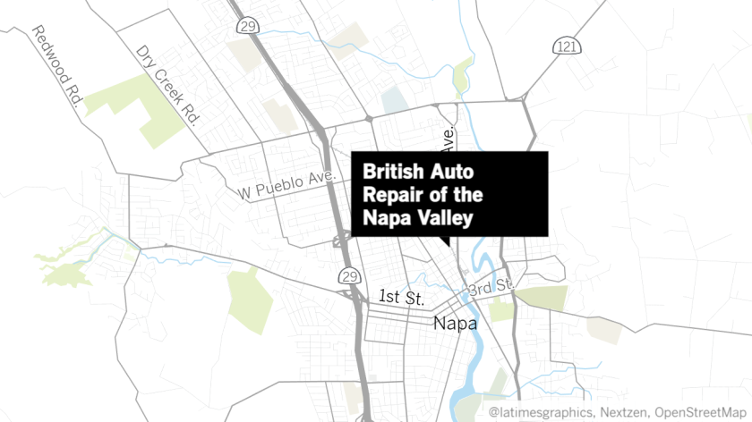 A map of Napa, California, with a label pointing to British Auto Repair of the Napa Valley.