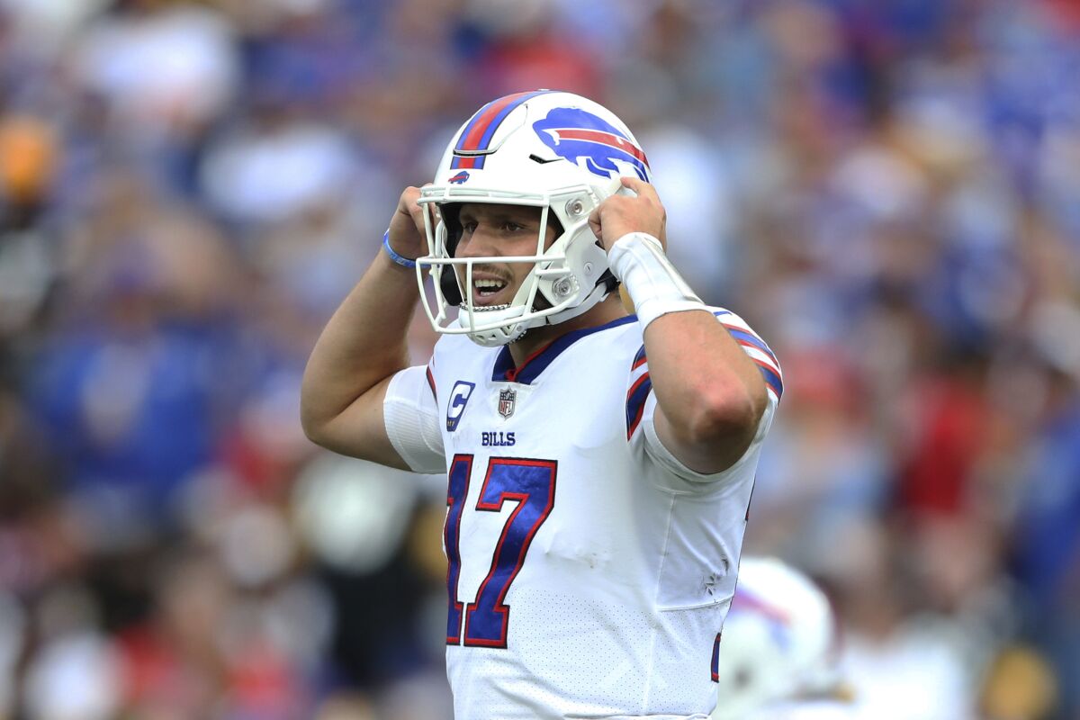 Buffalo Bills quarterback Josh Allen calls signals during the second half of an NFL football game against the Pittsburgh Steelers in Orchard Park, N.Y., Sunday, Sept. 12, 2021. (AP Photo/Joshua Bessex)