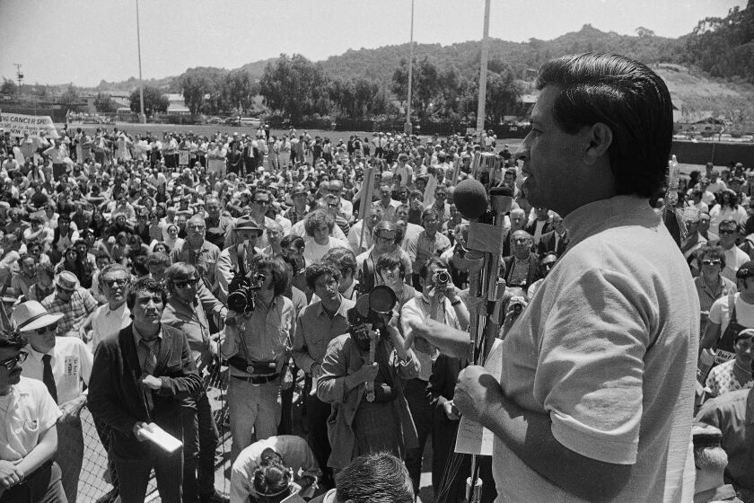 Cesar Chavez, head of the United Farm Workers union, tries to hand UFW literature to the driver of a car entering a Safeway supermarket parking lot in Los Angeles, July 7, 1973. Chavez joined pickets at the store as the UFW moved its drive to win labor contracts with grape growers from the vineyards to markets it claims are selling table grapes which its members have not picked. (AP Photo/Dick Strobel)