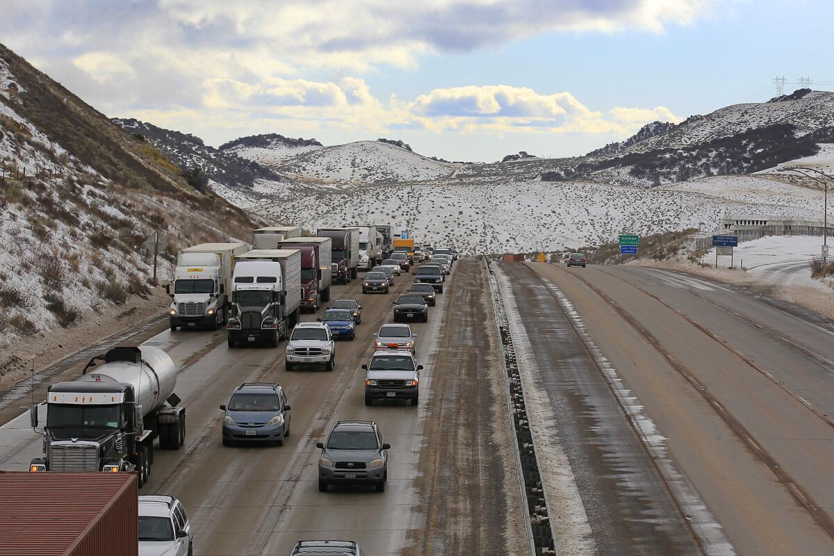 Snow covers the Grapevine near the Tejon Pass town of Gorman on Jan. 11, 2013. A system early next week could dust the pass with snow.