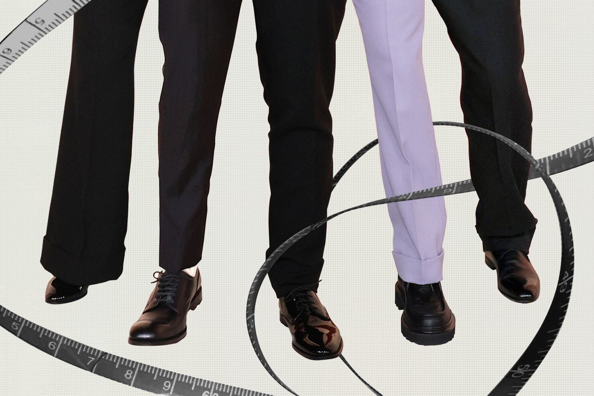 four black pant legs and one purple pant leg surrounded by a swirl of measuring tape